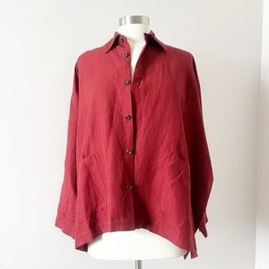 ESKANDAR Brick Red Flax Linen Wool Button Up Shirt Chore Jacket Size 1 / OS